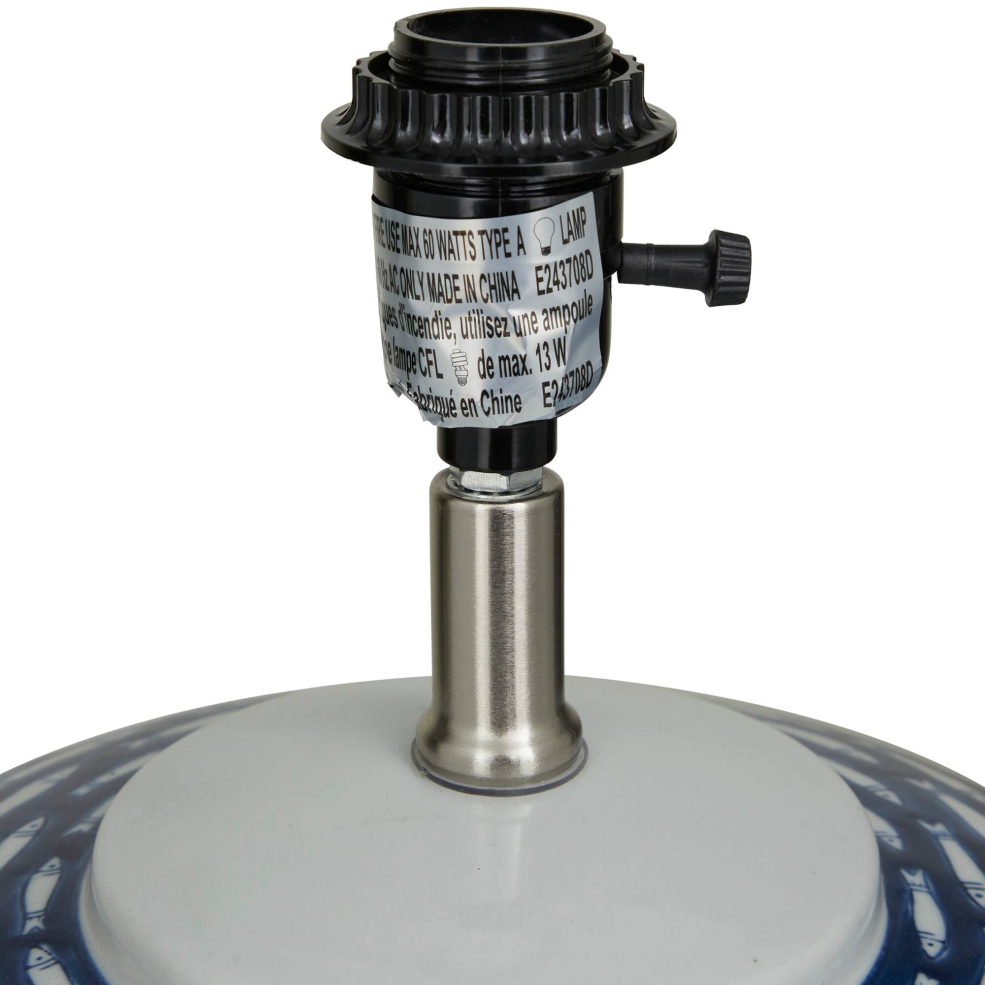 Dark Blue Ceramic Gourd Style Base Fish Table Lamp with Drum Shade 15" x 15" x 29"